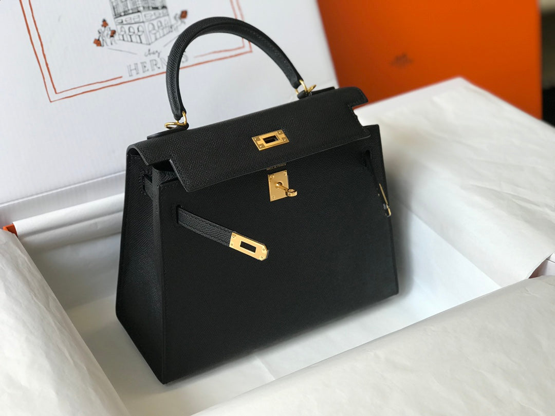hm kelly 32 cm cuir epsom noir accessoires dorés
