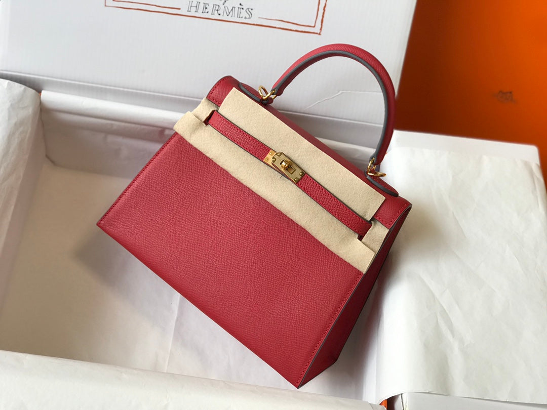 hm kelly 32 cm cuir epsom rouge foncé accessoires dorés