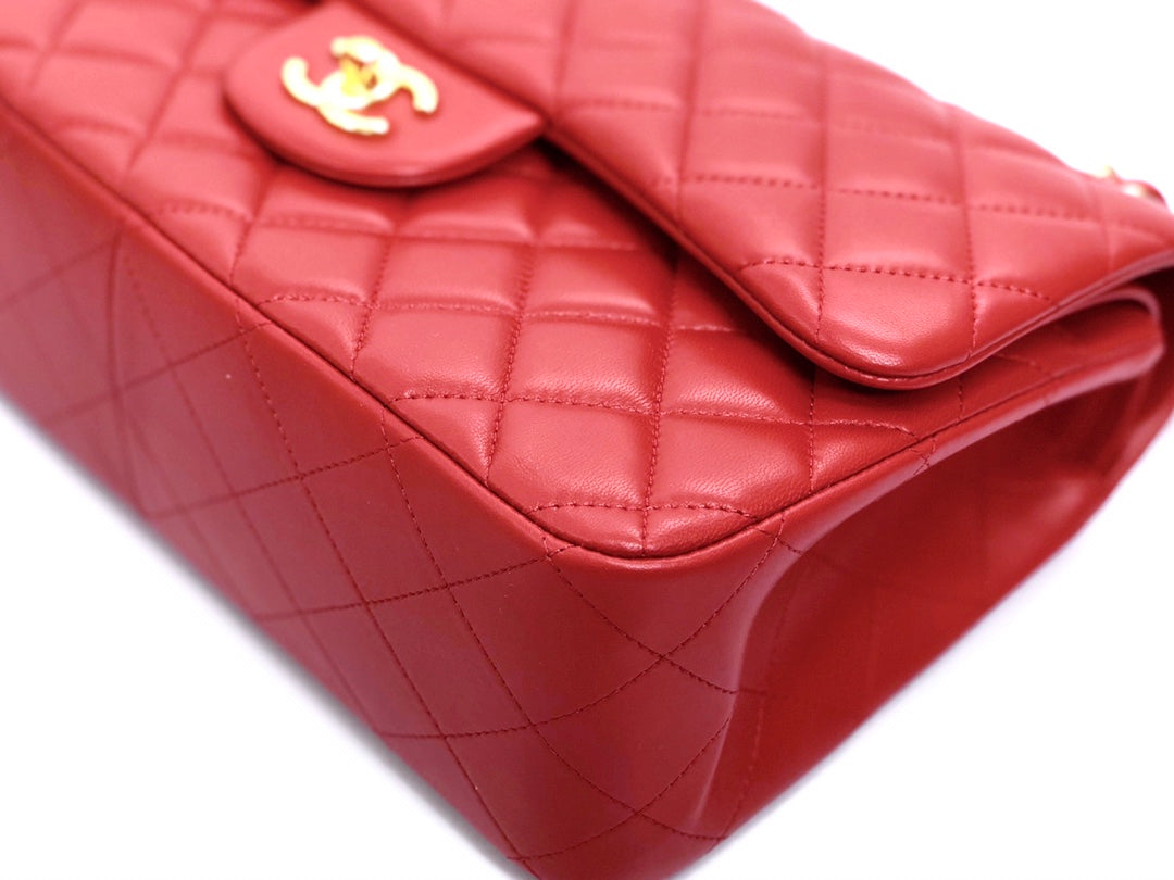 フラップバッグ ジャンボ 30cm レッド ラムスキン ゴールド金具