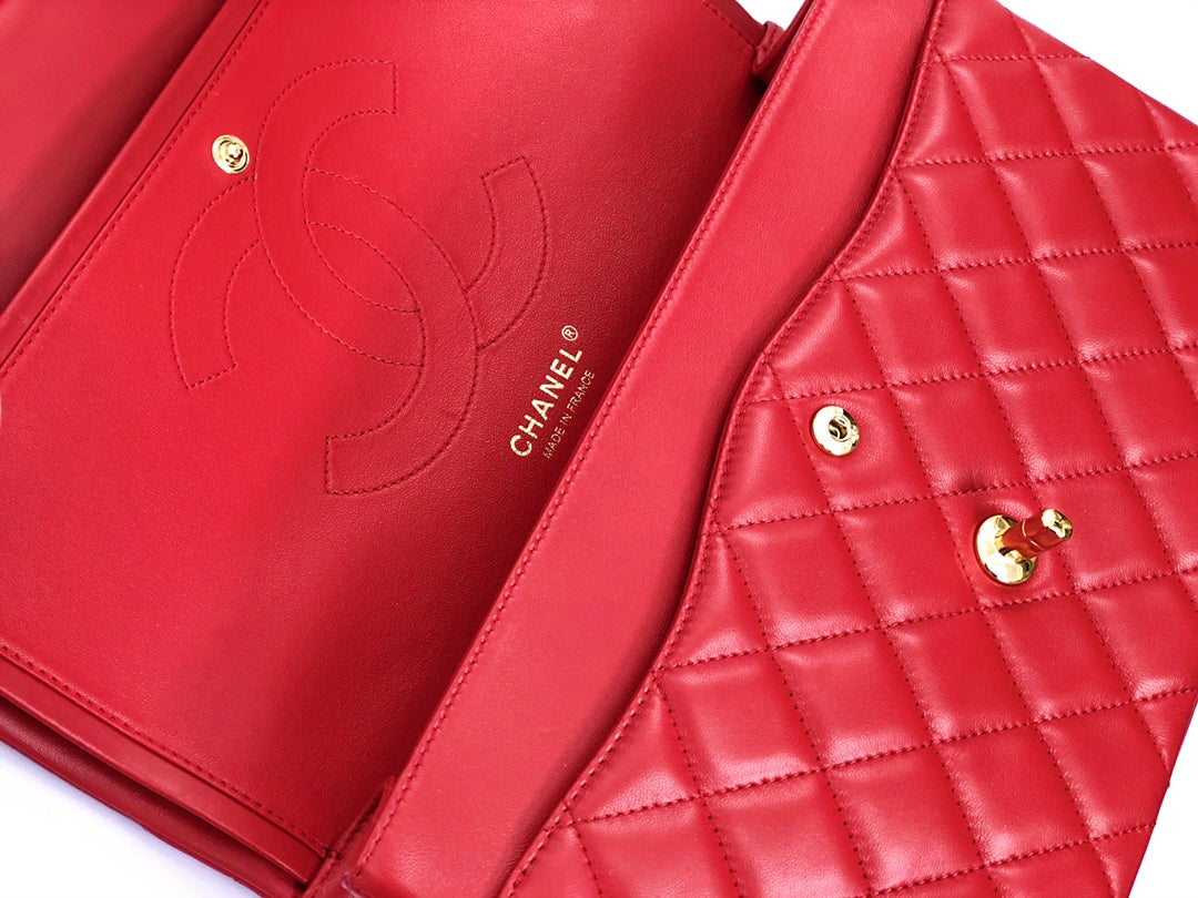 フラップバッグ ジャンボ 30cm レッド ラムスキン ゴールド金具