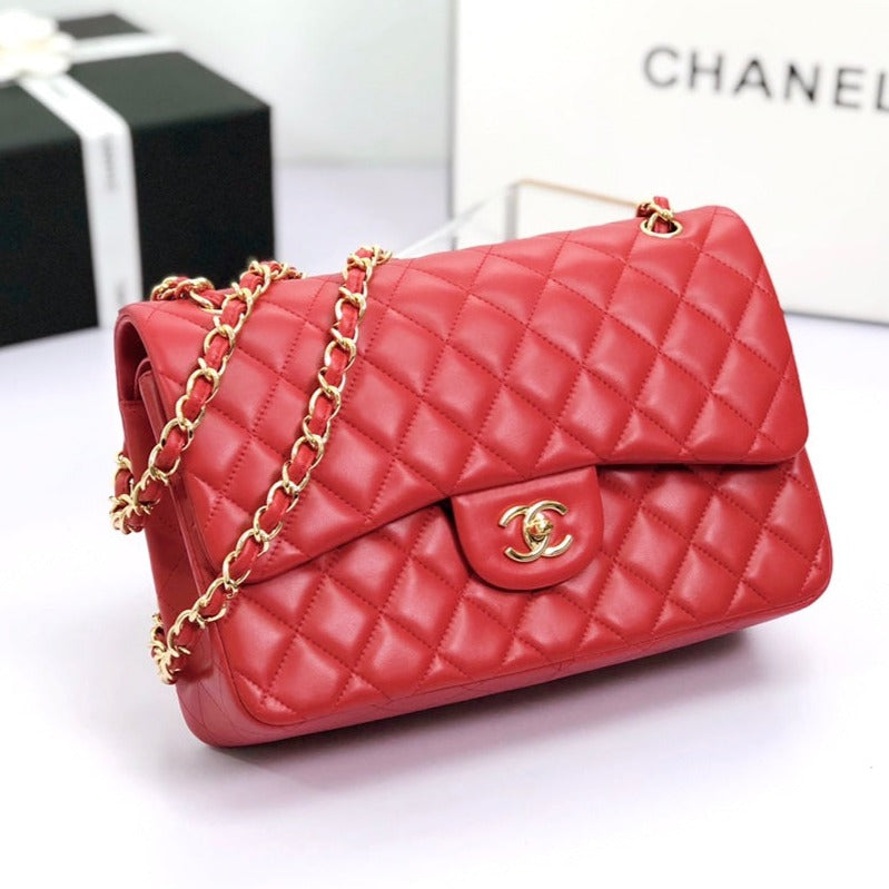 フラップバッグ ジャンボ 30cm レッド ラムスキン ゴールド金具