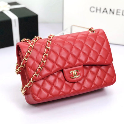 フラップバッグ ジャンボ 30cm レッド ラムスキン ゴールド金具