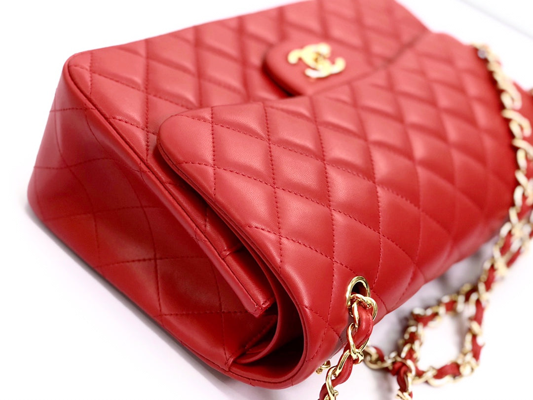 フラップバッグ ジャンボ 30cm レッド ラムスキン ゴールド金具