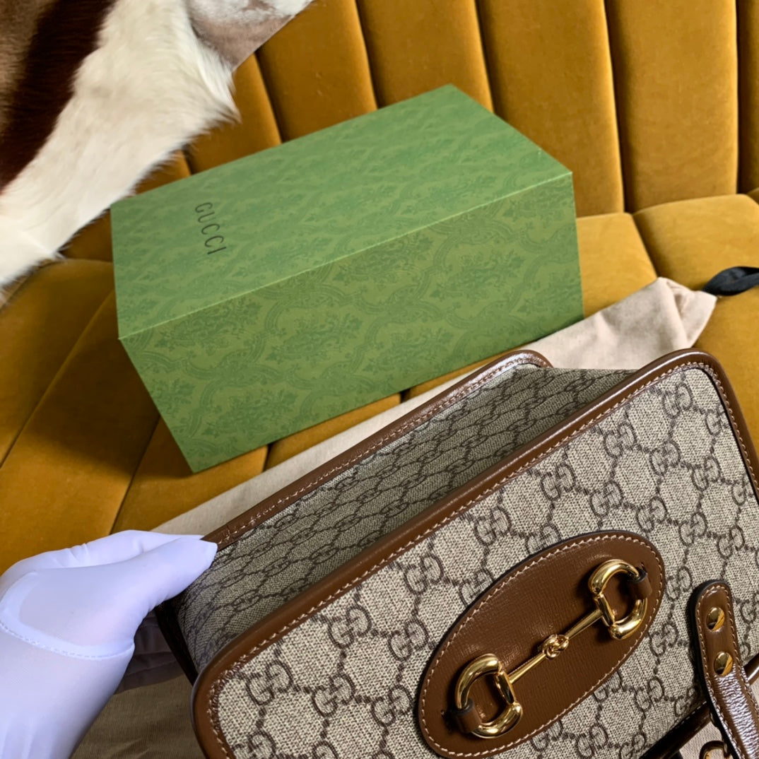 SAC MINI 23 GG HORSEBIT 1955 EN TOILE BEIGE ET CUIR DE VEAU MARRON