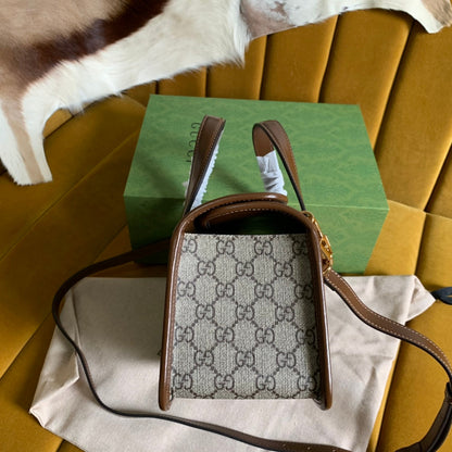 SAC MINI 23 GG HORSEBIT 1955 EN TOILE BEIGE ET CUIR DE VEAU MARRON