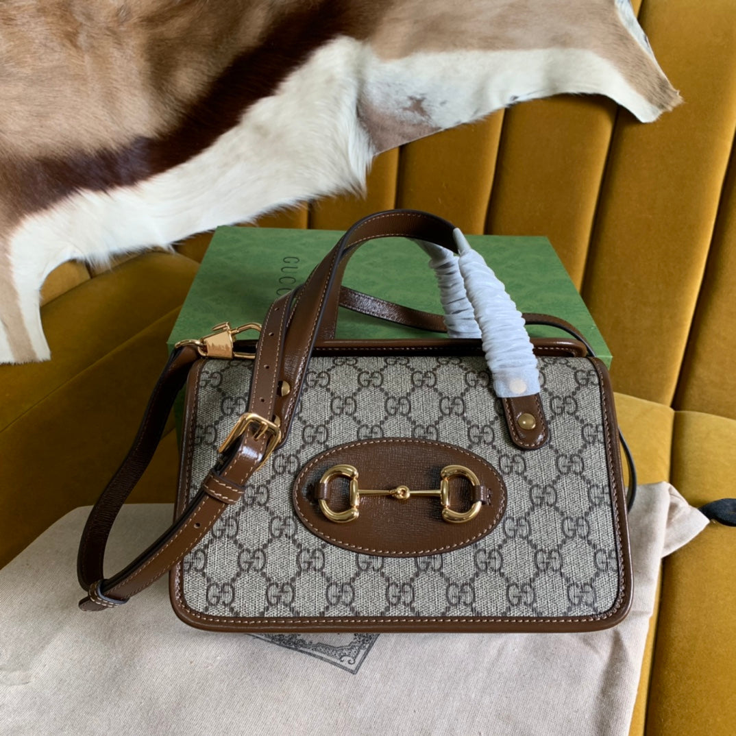 SAC MINI 23 GG HORSEBIT 1955 EN TOILE BEIGE ET CUIR DE VEAU MARRON