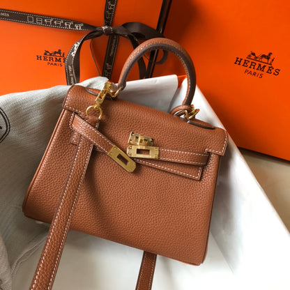 HM Mini Kelly 20 cm en cuir Togo doré et accessoires dorés