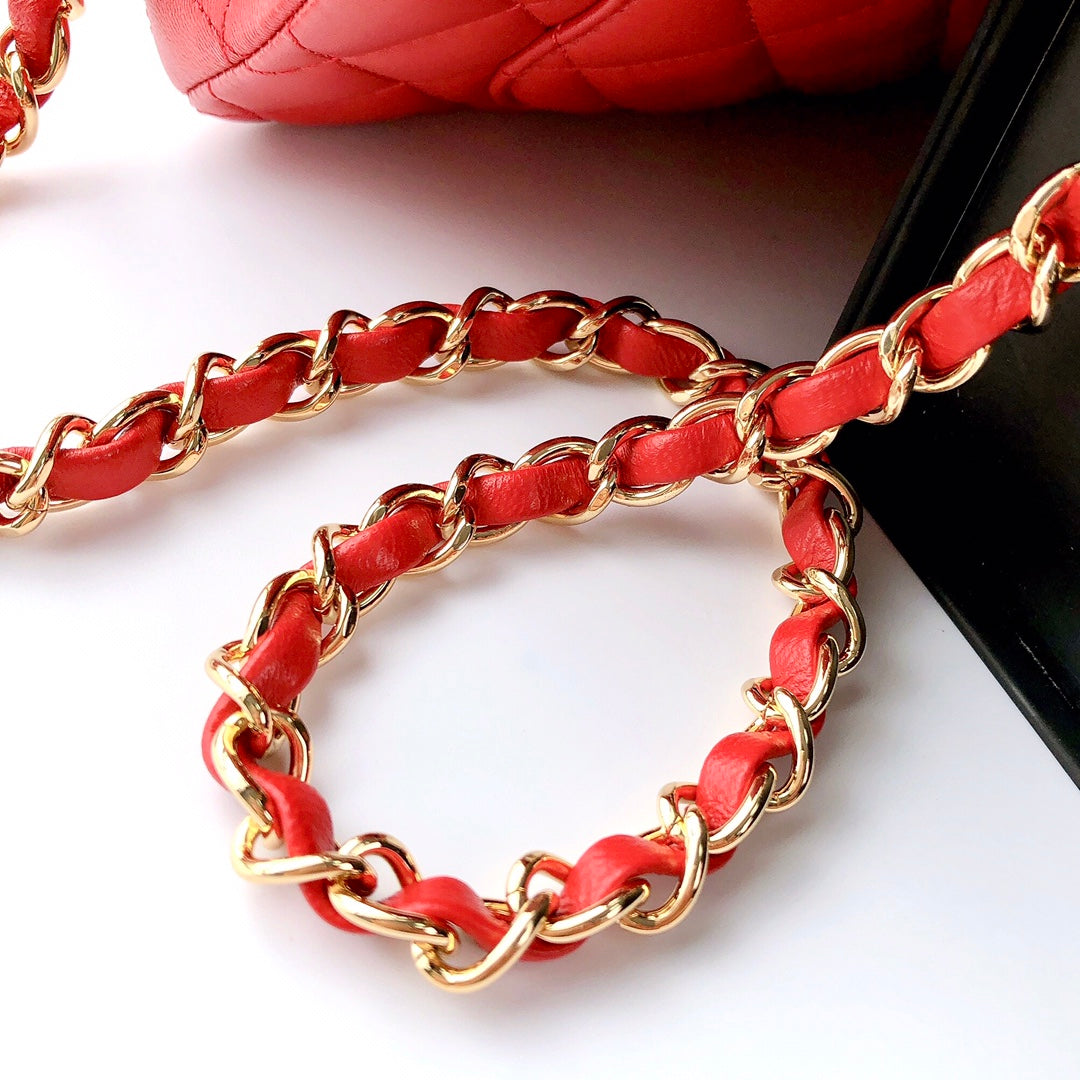 ミニ レクタングル フラップバッグ 20cm レッド ラムスキン ゴールド金具