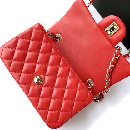 ミニ レクタングル フラップバッグ 20cm レッド ラムスキン ゴールド金具