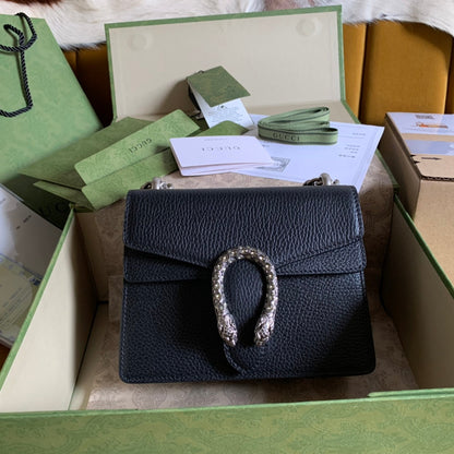 SAC À BANDOULIÈRE DYONYSUS 20 EN CUIR DE VEAU NOIR, QUINCAILLERIE ARGENTÉE