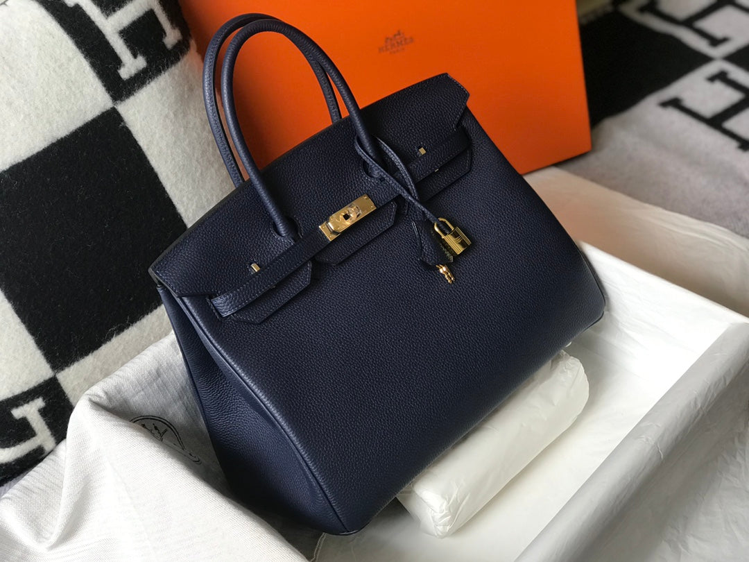 SAC HM BIRKIN 35 CM BLEU MARINE TOGO QUINCAILLERIE OR
