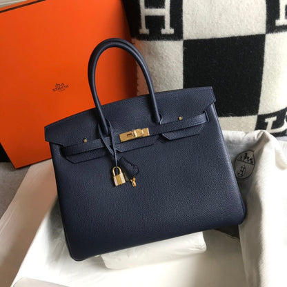 SAC HM BIRKIN 35 CM BLEU MARINE TOGO QUINCAILLERIE OR