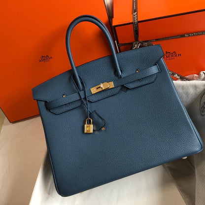 SAC HM BIRKIN 35 CM AZURE TOGO QUINCAILLERIE OR