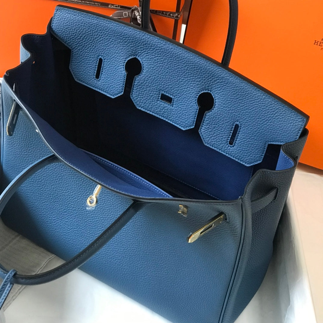 SAC HM BIRKIN 35 CM AZURE TOGO QUINCAILLERIE OR
