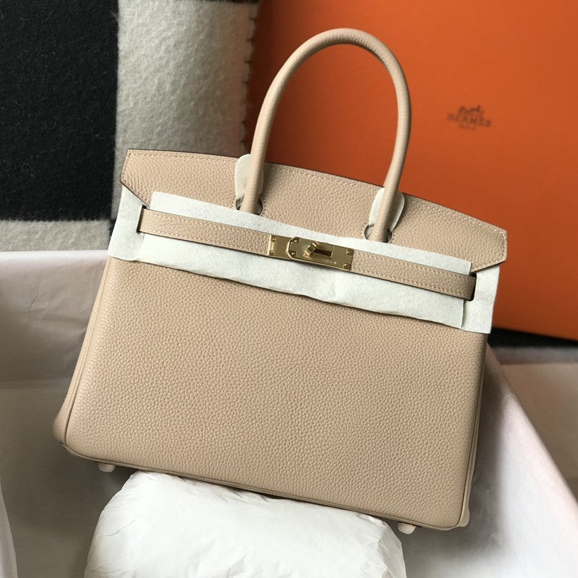 Sac HM Birkin 35 cm en cuir Togo beige et accessoires dorés