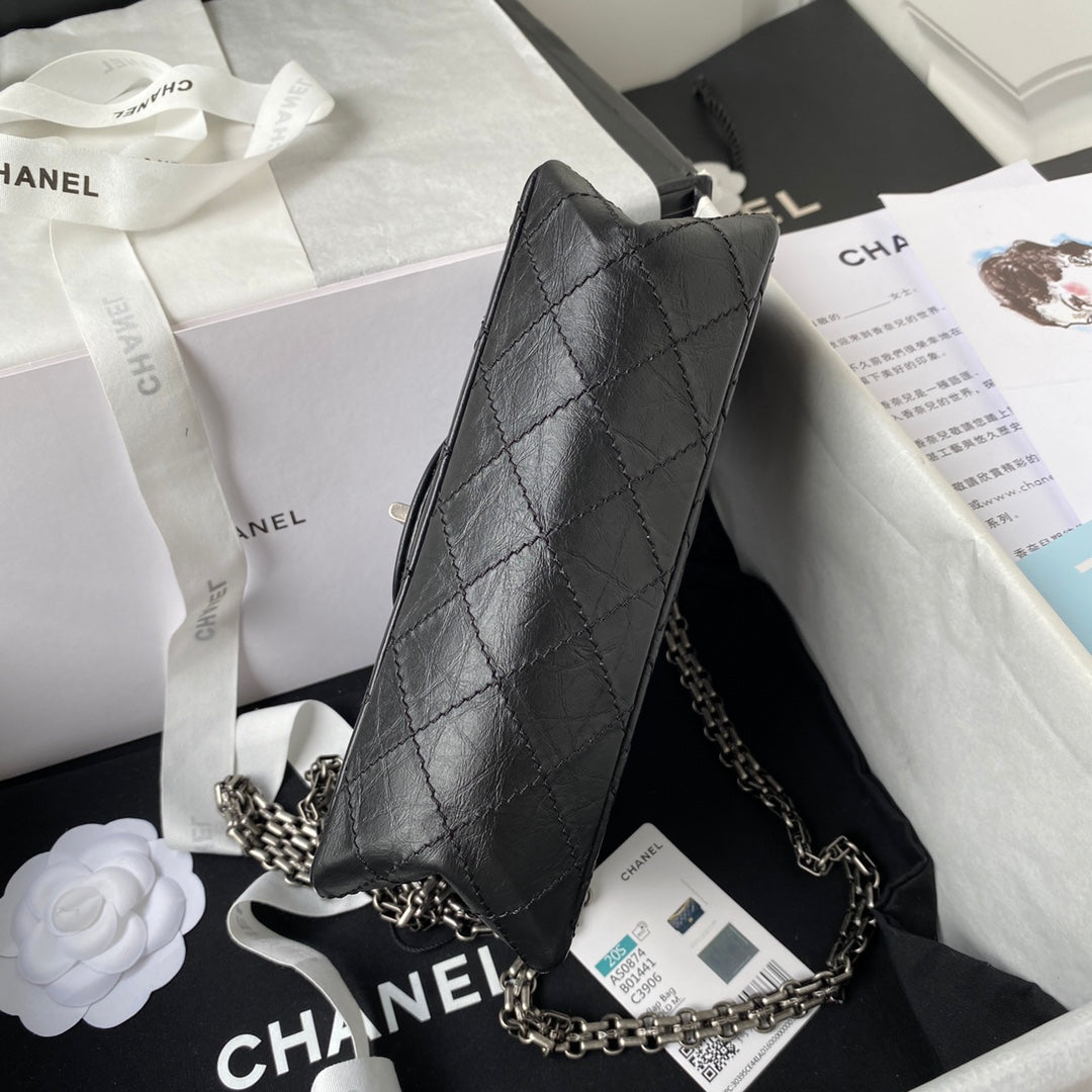 SAC À RABAT 20 EN CUIR DE VEAU NOIR CHAÎNE ARGENTÉE
