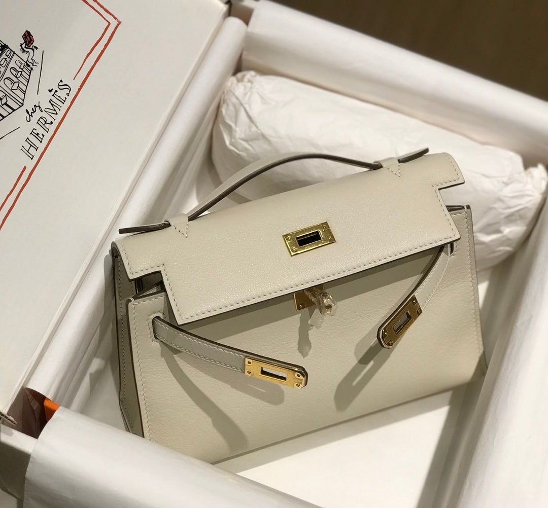 Pochette HM Kelly 22 cm Blanc Beige Swift Quincaillerie dorée