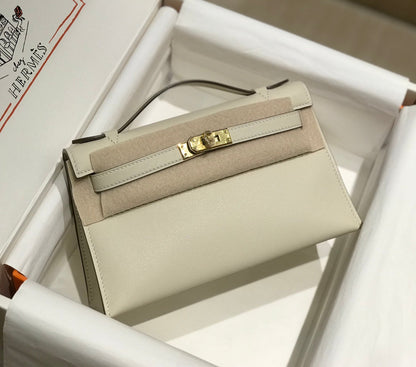 Pochette HM Kelly 22 cm Blanc Beige Swift Quincaillerie dorée