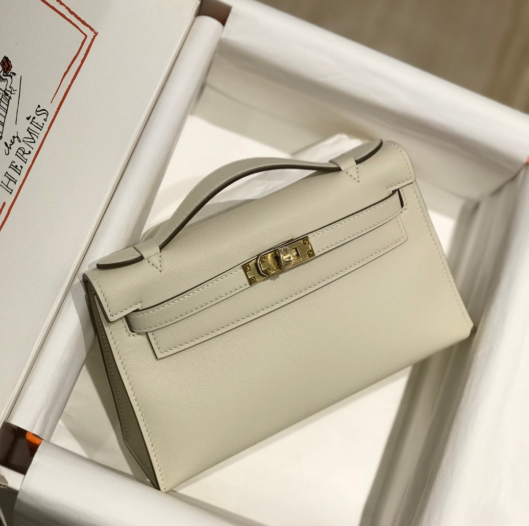 Pochette HM Kelly 22 cm Blanc Beige Swift Quincaillerie dorée