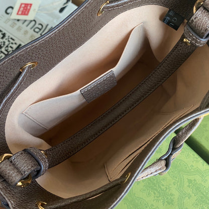 SAC SEAU OPHIDIA MOYEN 26 AVEC TOILE EN TOILE BEIGE ÉBÈNE ET CUIR DE VEAU MARRON