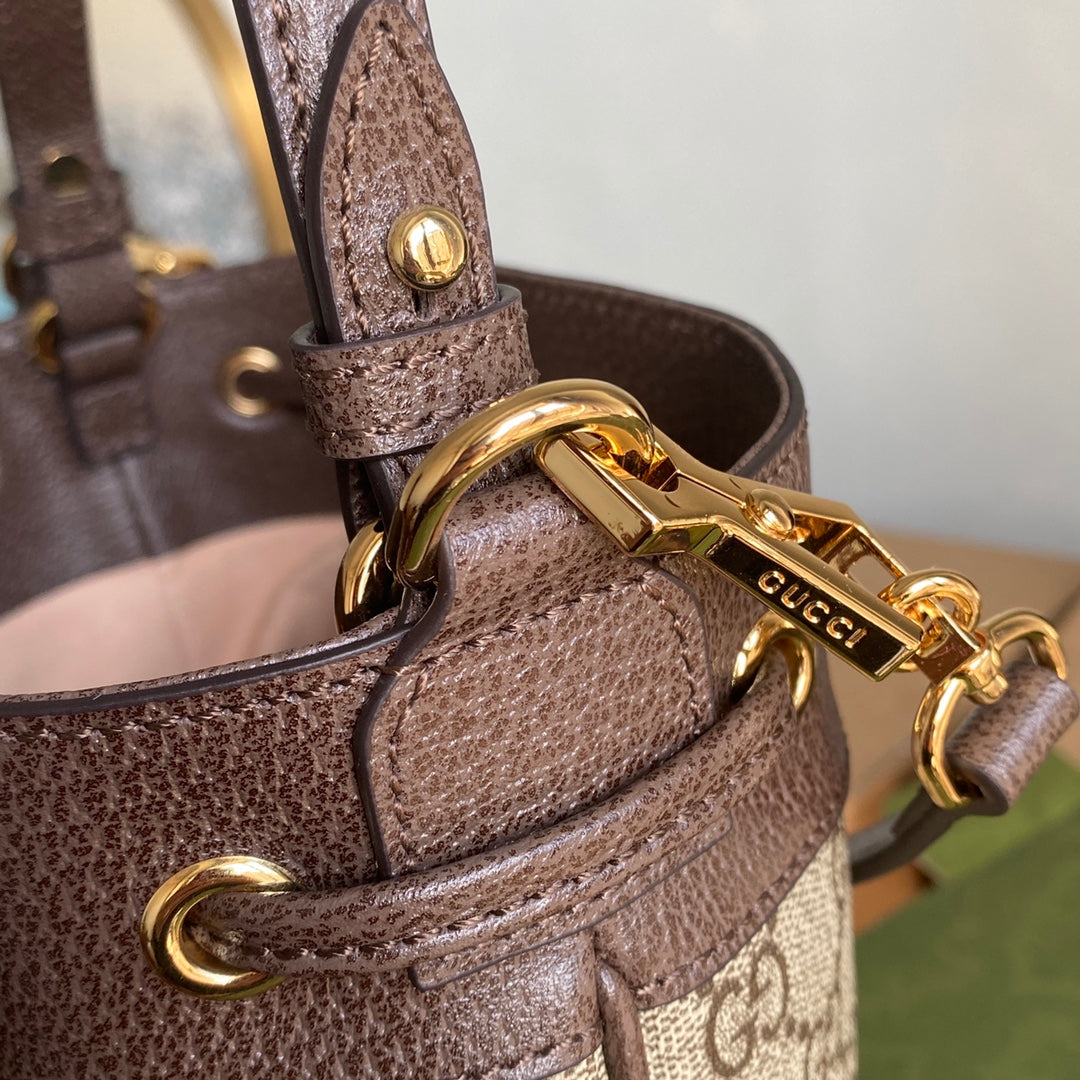 SAC SEAU OPHIDIA MOYEN 26 AVEC TOILE EN TOILE BEIGE ÉBÈNE ET CUIR DE VEAU MARRON