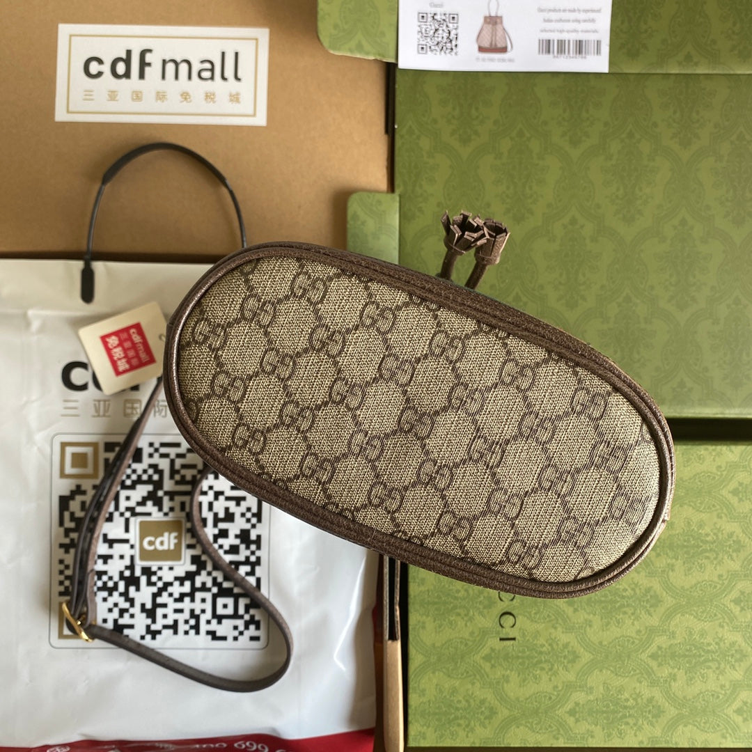 SAC SEAU OPHIDIA MOYEN 26 AVEC TOILE EN TOILE BEIGE ÉBÈNE ET CUIR DE VEAU MARRON