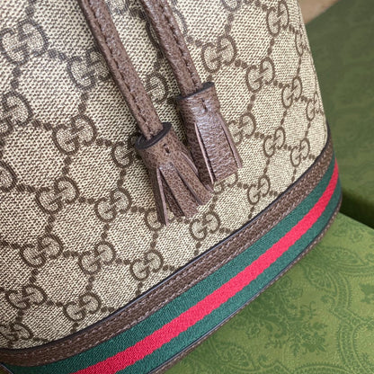 SAC SEAU OPHIDIA MOYEN 26 AVEC TOILE EN TOILE BEIGE ÉBÈNE ET CUIR DE VEAU MARRON