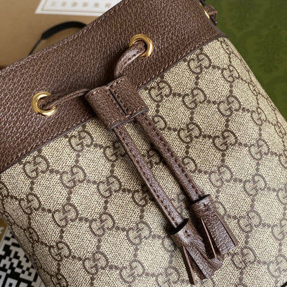 SAC SEAU OPHIDIA MOYEN 26 AVEC TOILE EN TOILE BEIGE ÉBÈNE ET CUIR DE VEAU MARRON
