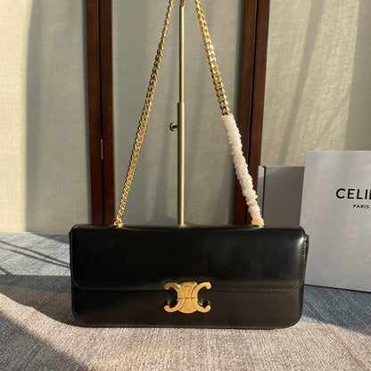SAC À BANDOULIÈRE CHAÎNE CLAUDE 33 EN CUIR DE VEAU NOIR ET QUINCAILLERIE DORÉ