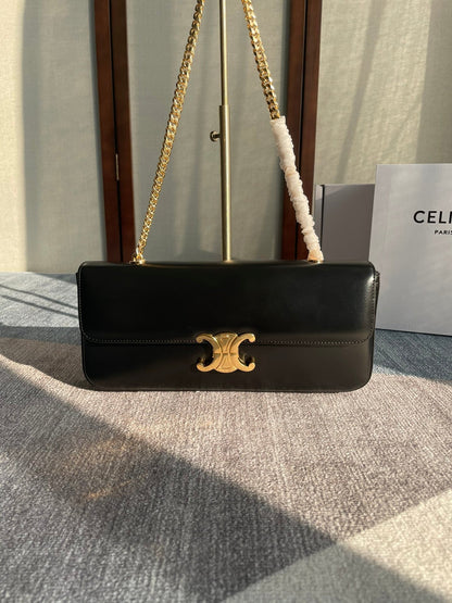 SAC À BANDOULIÈRE CHAÎNE CLAUDE 33 EN CUIR DE VEAU NOIR ET QUINCAILLERIE DORÉ