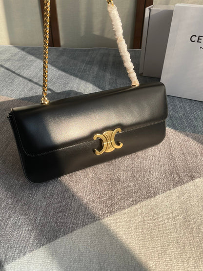 SAC À BANDOULIÈRE CHAÎNE CLAUDE 33 EN CUIR DE VEAU NOIR ET QUINCAILLERIE DORÉ