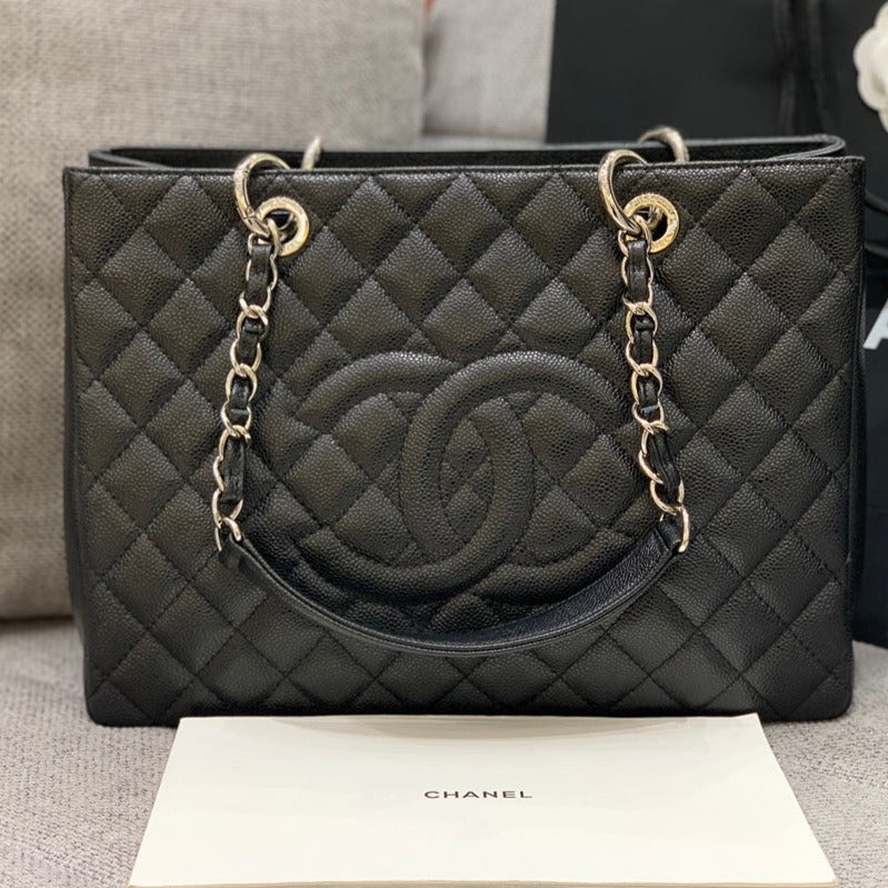 CC グランド ショッピングトートバッグ 34cm ブラック キャビア シルバー金具