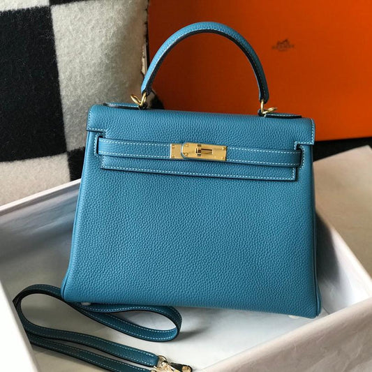 HM ケリー 25cm デニム ブルー トーゴ ゴールド金具