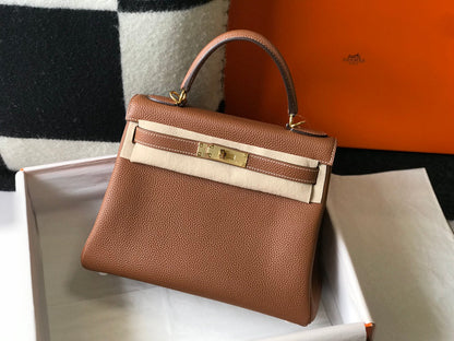 HM ケリー 32cm バッグ ブラウン トーゴ ゴールド金具
