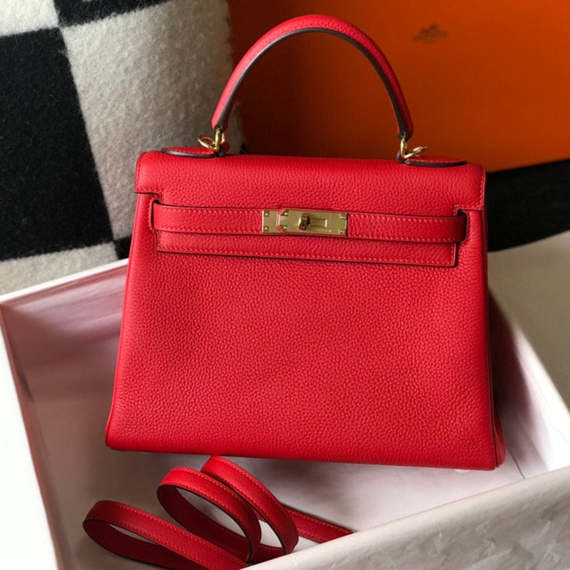 hm kelly 32 cm cuir togo rouge accessoires dorés
