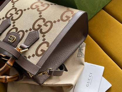 MINI SAC CABAS GG DIANA 27 EN TOILE BEIGE ET CUIR DE VEAU MARRON