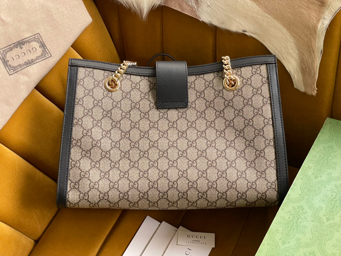 Grand sac bandoulière GG PADLOCK 35 en toile beige et cuir de veau noir