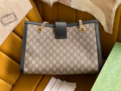 Grand sac bandoulière GG PADLOCK 35 en toile beige et cuir de veau noir