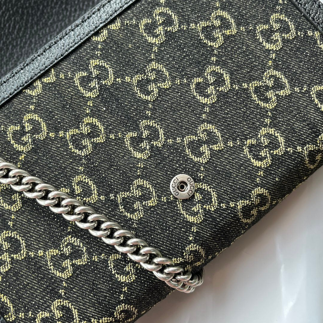 SAC À BANDOULIÈRE DYONYSUS 20 EN DENIM NOIR JAUNE ET GARNITURE EN CUIR DE VEAU NOIR, QUINCAILLERIE ARGENTÉE