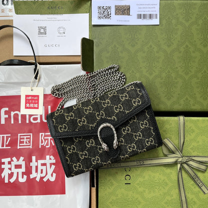 SAC À BANDOULIÈRE DYONYSUS 20 EN DENIM NOIR JAUNE ET GARNITURE EN CUIR DE VEAU NOIR, QUINCAILLERIE ARGENTÉE