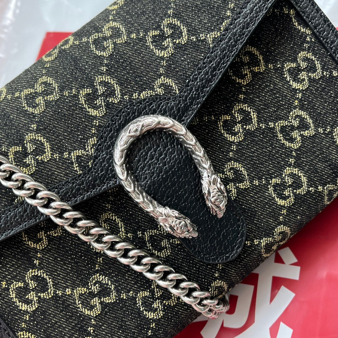 SAC À BANDOULIÈRE DYONYSUS 20 EN DENIM NOIR JAUNE ET GARNITURE EN CUIR DE VEAU NOIR, QUINCAILLERIE ARGENTÉE