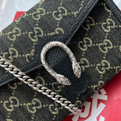 SAC À BANDOULIÈRE DYONYSUS 20 EN DENIM NOIR JAUNE ET GARNITURE EN CUIR DE VEAU NOIR, QUINCAILLERIE ARGENTÉE