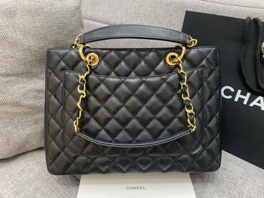CC グランド ショッピングトートバッグ 34cm ブラック キャビア ゴールド金具