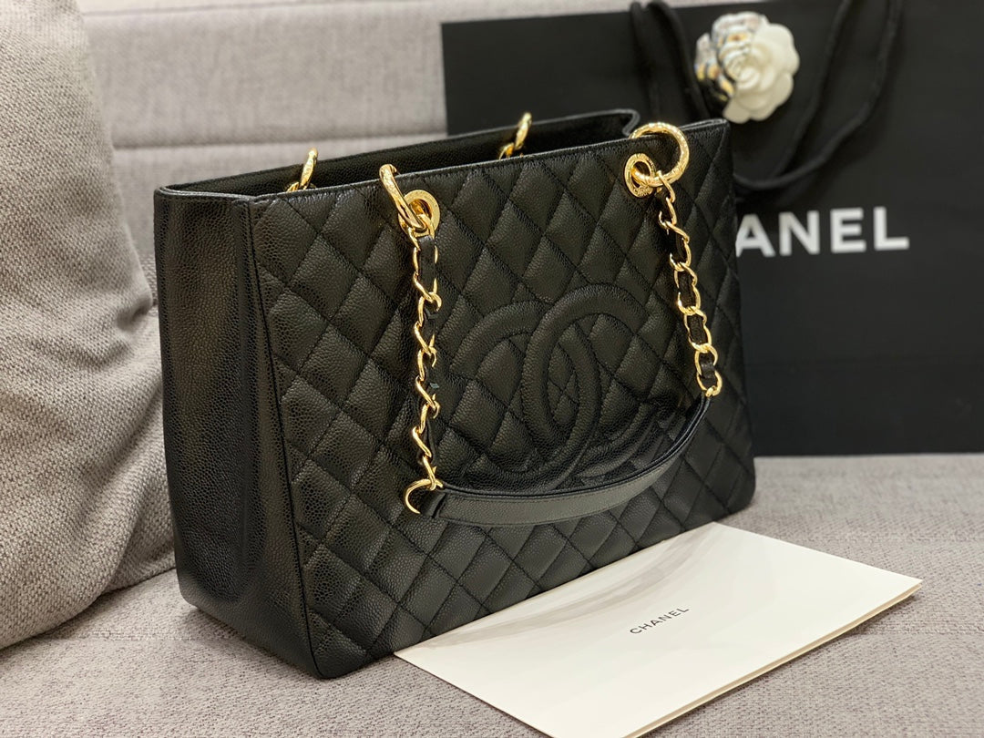 CC グランド ショッピングトートバッグ 34cm ブラック キャビア ゴールド金具
