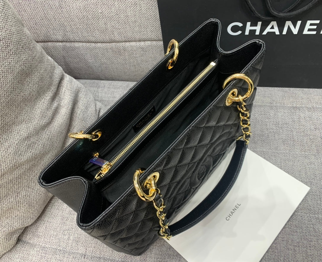 CC グランド ショッピングトートバッグ 34cm ブラック キャビア ゴールド金具