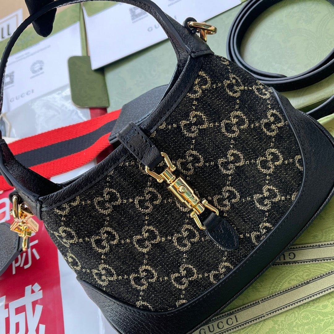 ジャッキー 1961 スモールハンドバッグ 19インチ ブラックイエローデニムとブラックカーフスキントリム ゴールド金具