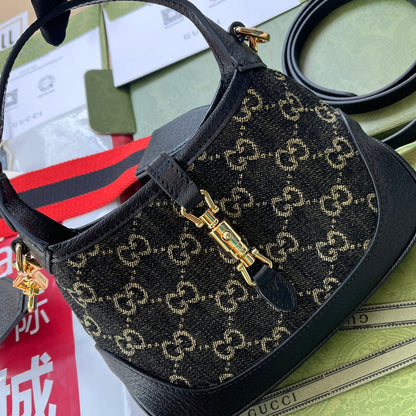 ジャッキー 1961 スモールハンドバッグ 19インチ ブラックイエローデニムとブラックカーフスキントリム ゴールド金具