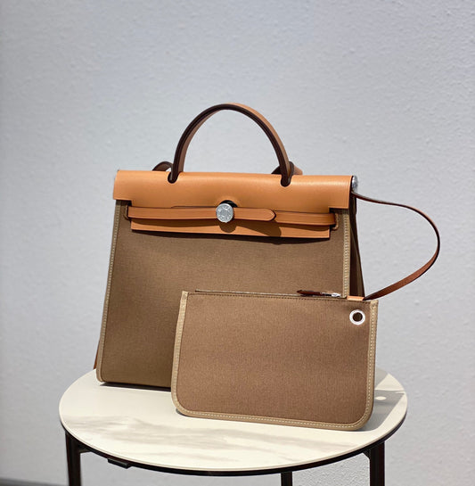 Herbag 31 Toile Brown Canvas Gold Cowhide Leather