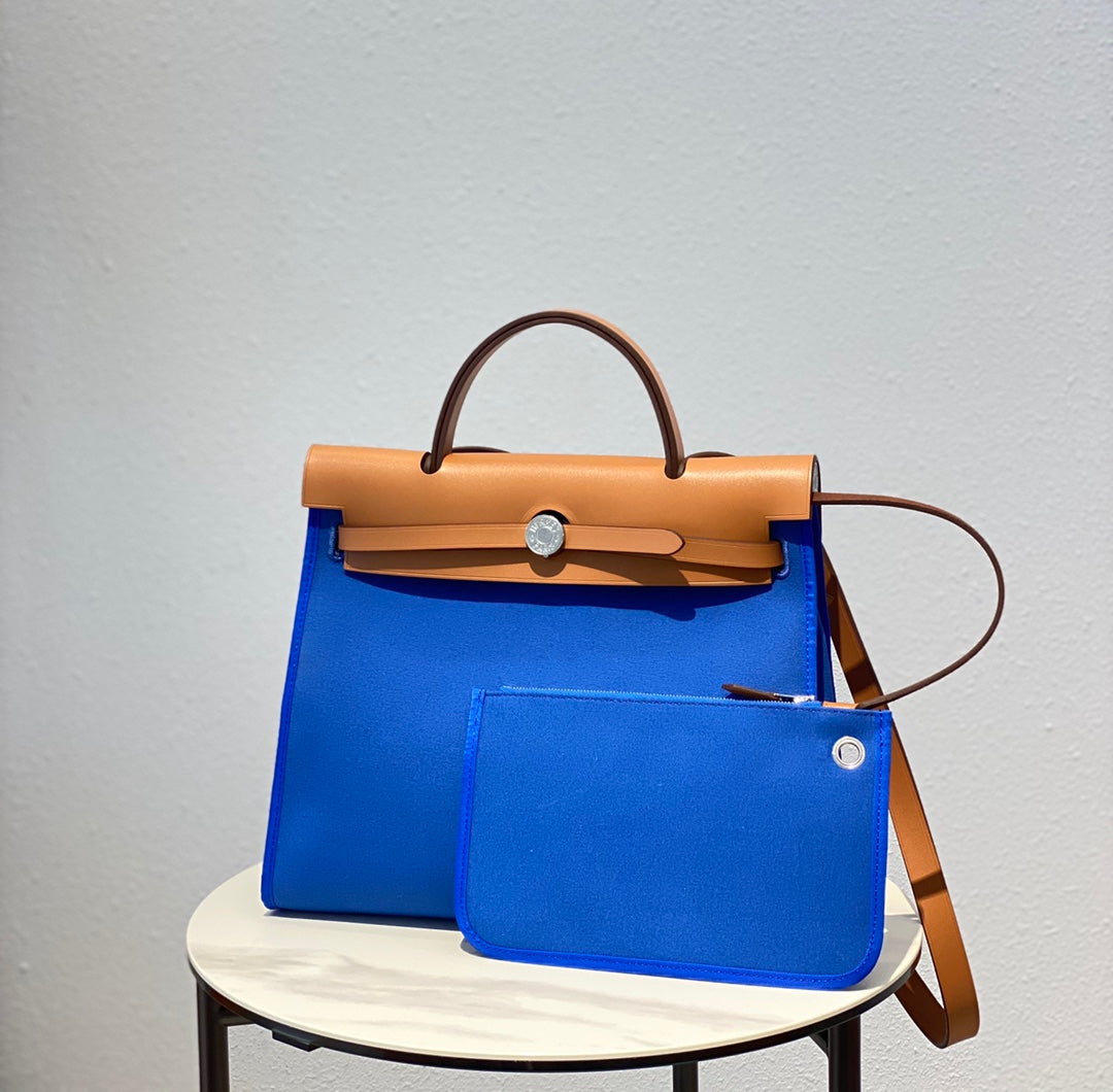 Herbag 31 Toile Bleu Toile Cuir de vachette doré