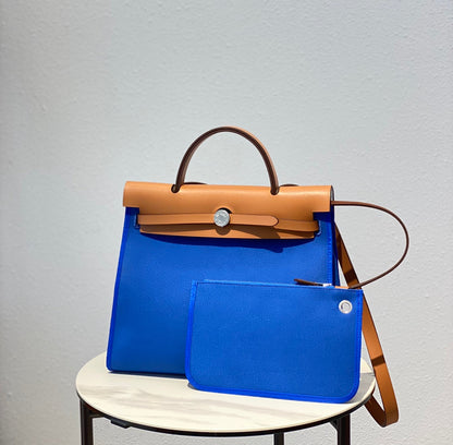 Herbag 31 Toile Bleu Toile Cuir de vachette doré